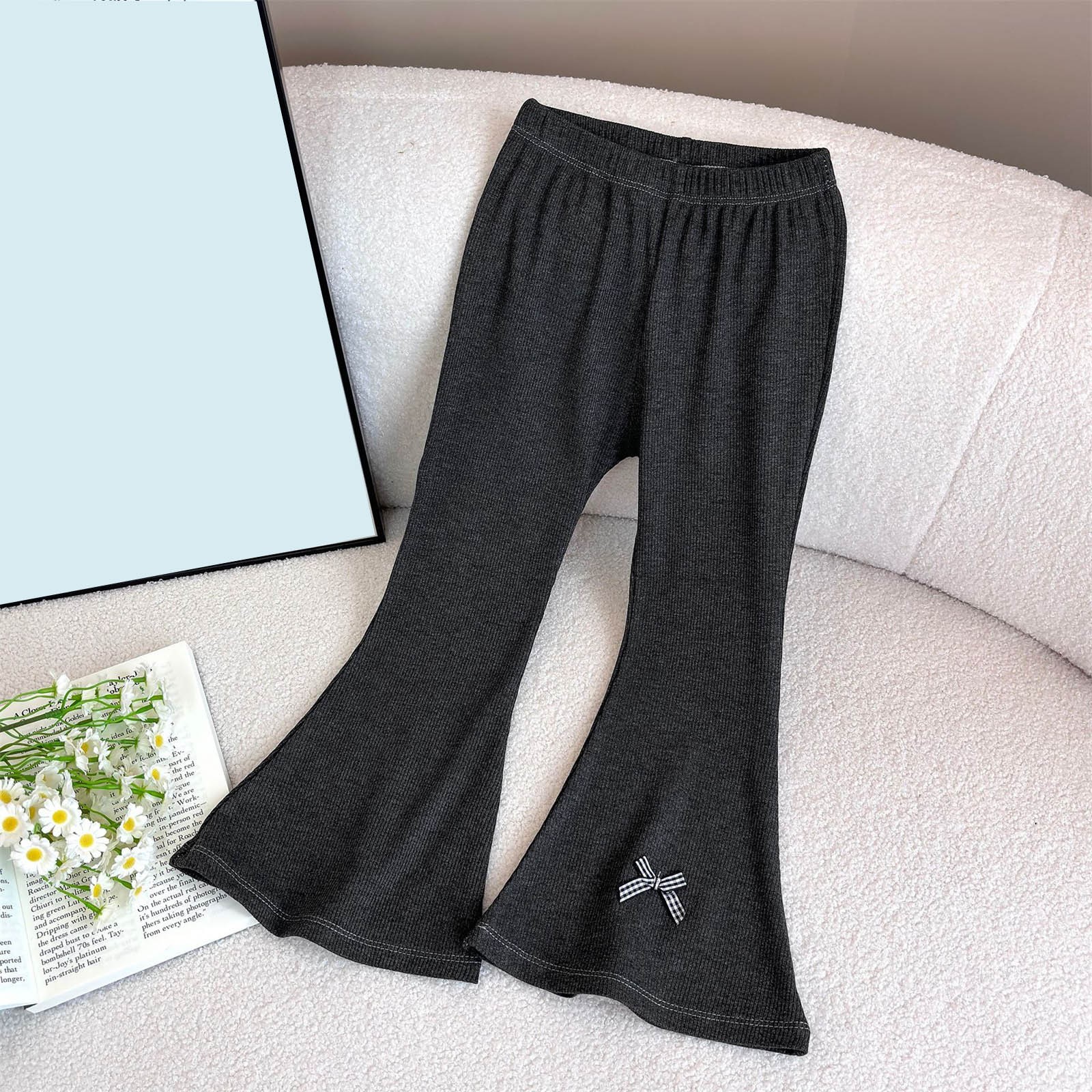 NAISIBABY Toddler Girls Flared Leggings Pants, Cotton Elastic Waist Solid Color Keep Warm Outerwear Pants Black 6-7T